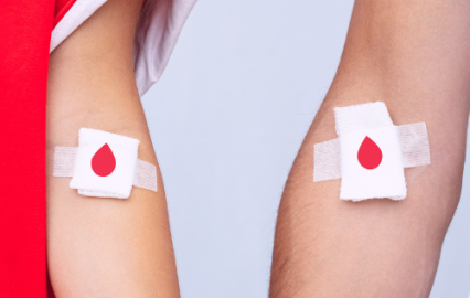 Two Arms with Blood Donation Bandages